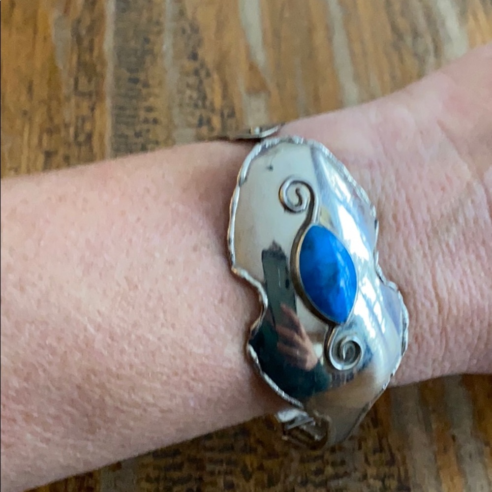 Unique repurposed spoon bracelet, blue stone.